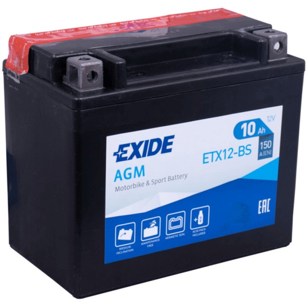 Exide ETX12-BS Bike AGM 10Ah Motorradbatterie (DIN 51012) YTX12-BS