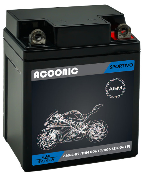 ACCONIC Sportivo AGM 6N6L-BS Motorradbatterie 6 Ah 6V (DIN 00611/00612/00613)
