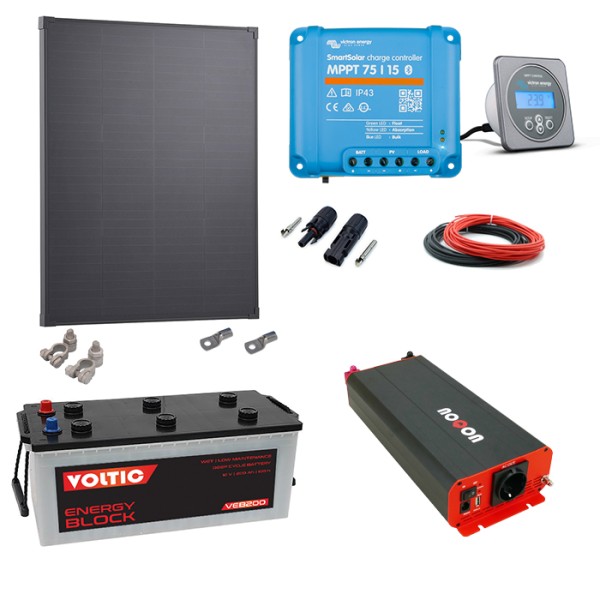 Solaranlage Set 200W mit Batterie 200Ah (Nass) und 1000W-Wechselrichter