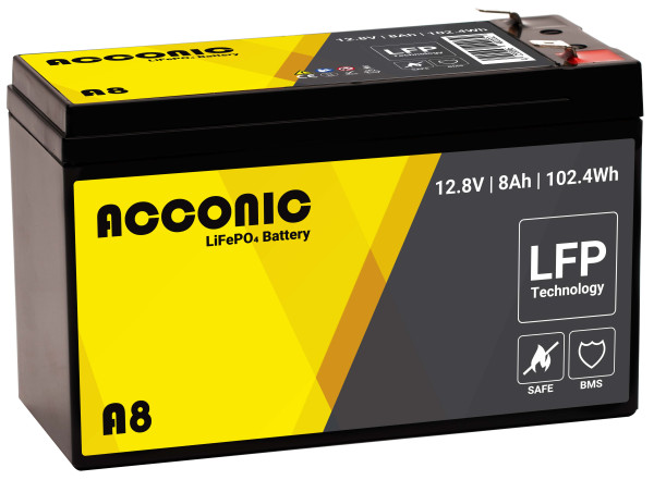 Acconic A8 LiFePO4 12V Lithium Versorgungsbatterie 8Ah