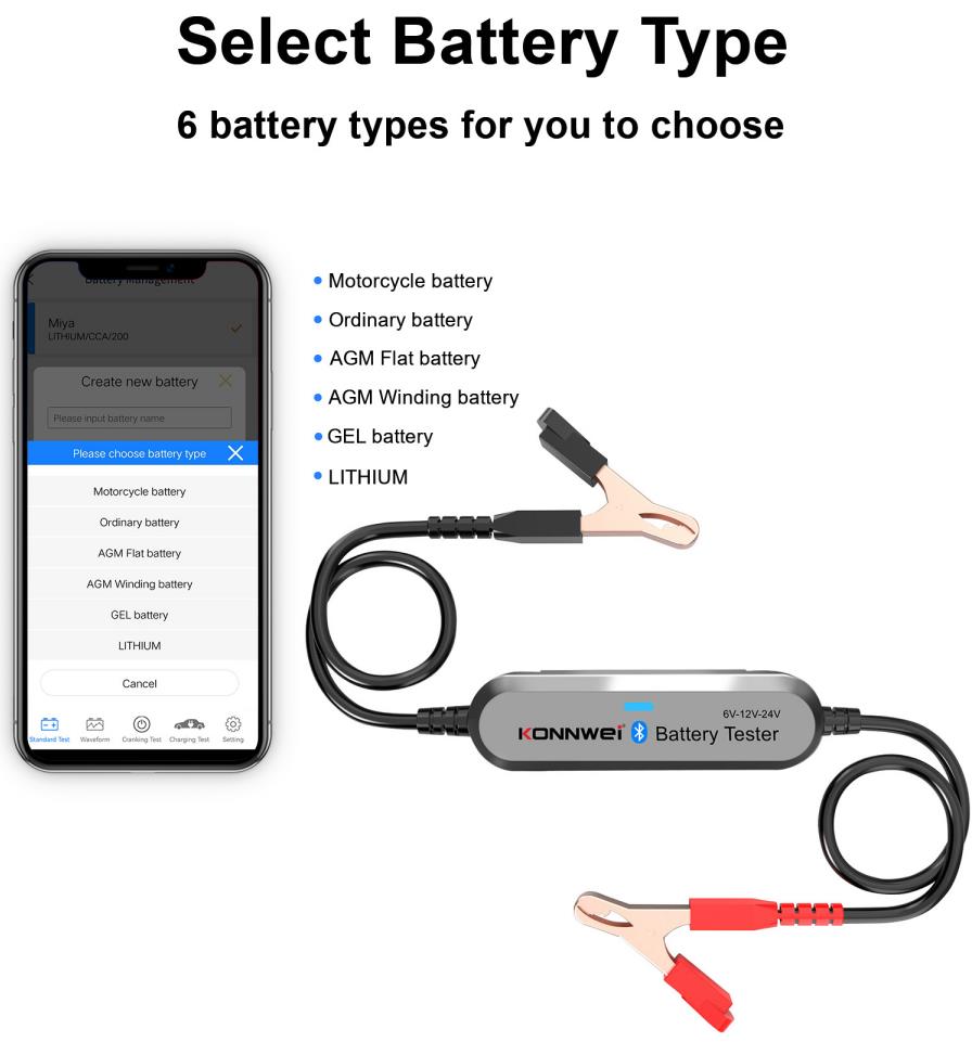 Bluetooth Batterietester für Auto, Motorrad und LKW KONNWEI BK200