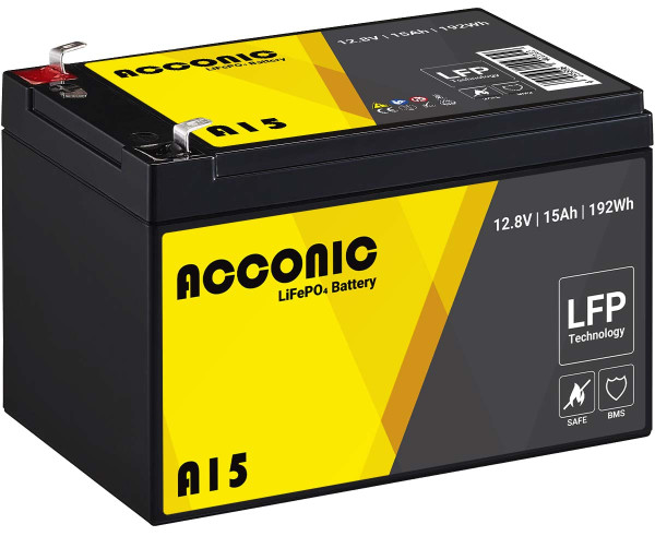 Acconic A15 LiFePO4 12V Lithium Versorgungsbatterie 15Ah