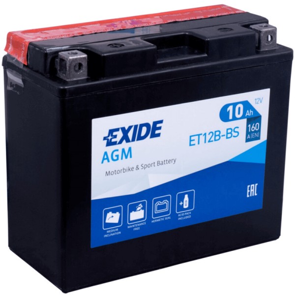 Exide ET12B-BS Bike AGM 10Ah Motorradbatterie (DIN 51015) YT12B-BS