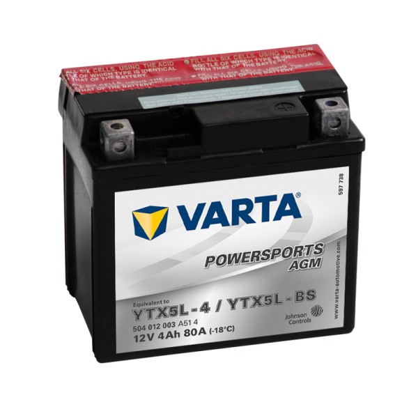 VARTA Powersports AGM YTX5L-BS 4Ah Motorradbatterie 12V (DIN 50412)