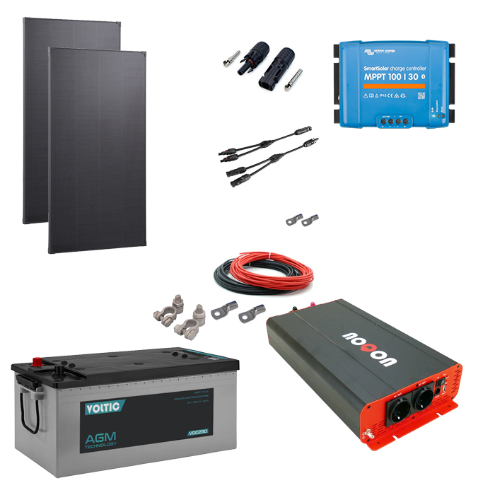 Solaranlage Set 400W mit Batterie 230Ah und 2500W-Wechselrichter inkl.  NVS/USV & Ladegerät