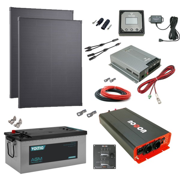 Solaranlage Set 380W mit Batterie 230Ah und 2000W-Wechselrichter inkl. NVS/USV & Ladegerät
